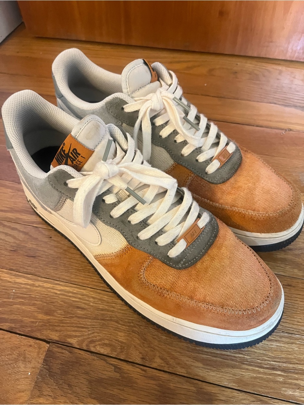 Custom Nike Men's Air Force Ones in Tannish Orange, Gray and White